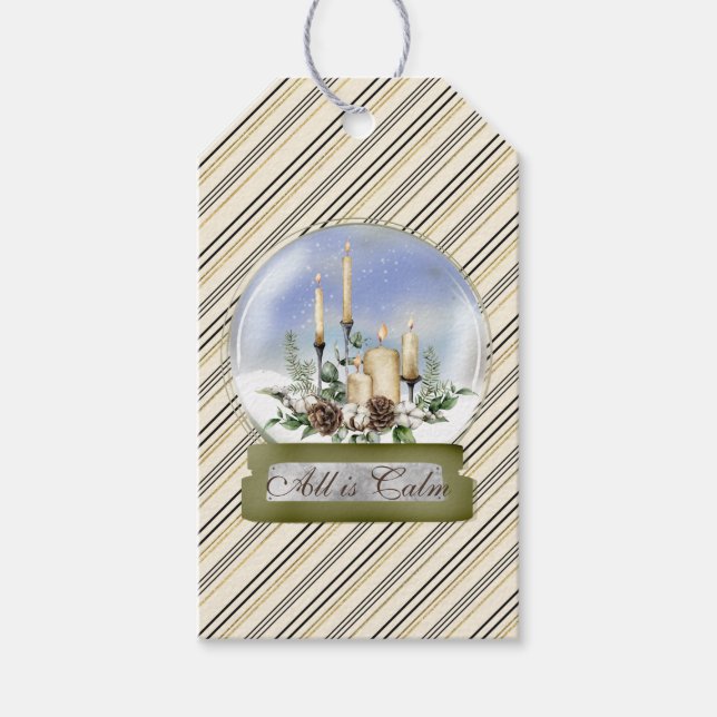 Eleganter Schneeglobe mit Kerzen und Pine Bough Geschenkanhänger (Vorderseite)