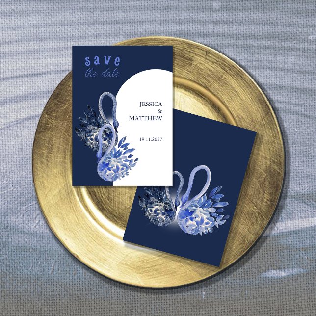 Eleganter, schöner Schwan bei Blue Wedding Save The Date (Von Creator hochgeladen)