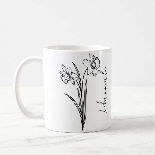 Eleganter Schriftname März-Geburtsmonatsblume Narz Kaffeetasse (Links)