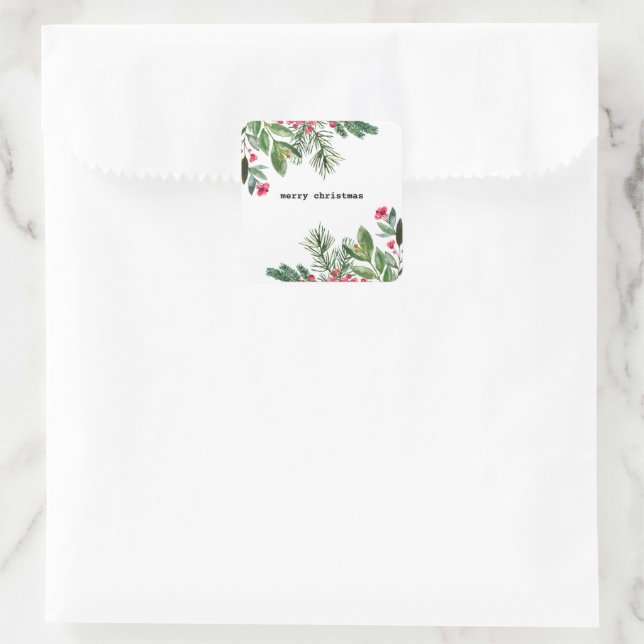 Eleganter Schriftsteller Weihnachten Foliage Holly Quadratischer Aufkleber (Tasche)