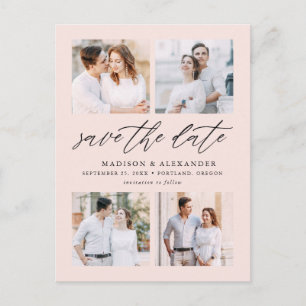 Eleganter Schriftzug Rosé 4-Foto-Collage Save-the- Ankündigungspostkarte