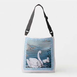 Eleganter Schwan mit Baby in Blue Lake Tragetaschen Mit Langen Trägern