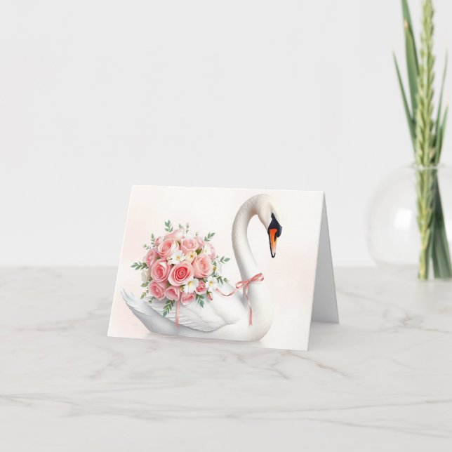 Eleganter Schwan mit Rosen Feiertagskarte (Vorderseite)
