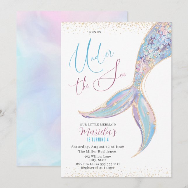 Eleganter Schwanz Wasserfarbe Meerjungfrau unter 4 Einladung (Vorne/Hinten)