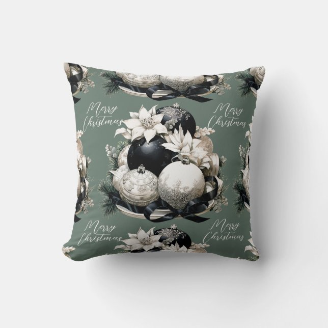 Eleganter schwarz beige Salbei Grün Weihnachtsschm Kissen (Vorderseite)