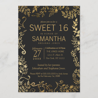 Eleganter Schwarz-Gelb-Gold-Blütensüß 16 Einladung