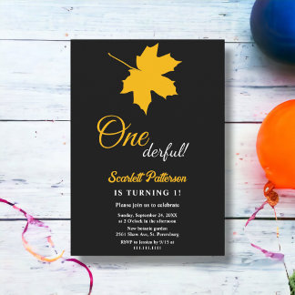 Eleganter Schwarz-Gelb-Herbstlaub 1. Geburtstag Einladung
