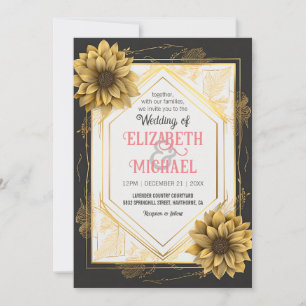 Eleganter Schwarz-Gelb-Hochzeitssonne-Goldrahmen Einladung