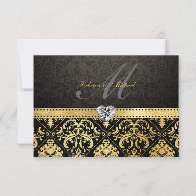 Eleganter Schwarz-Gold-Damask mit Monogram-UAWG RSVP Karte (Vorderseite)