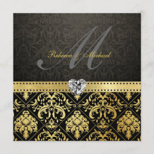 Eleganter Schwarz-Gold-Damast mit Monogramm Einladung