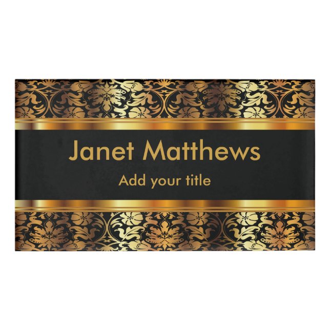 Eleganter Schwarz-Gold-Flora-Damast Namenschild (Vorderseite)