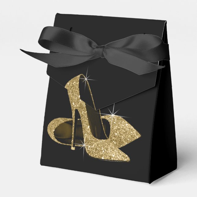 Eleganter Schwarz-Gold Glitzer High Heel Shoe Geschenkschachtel (Vorderseite)