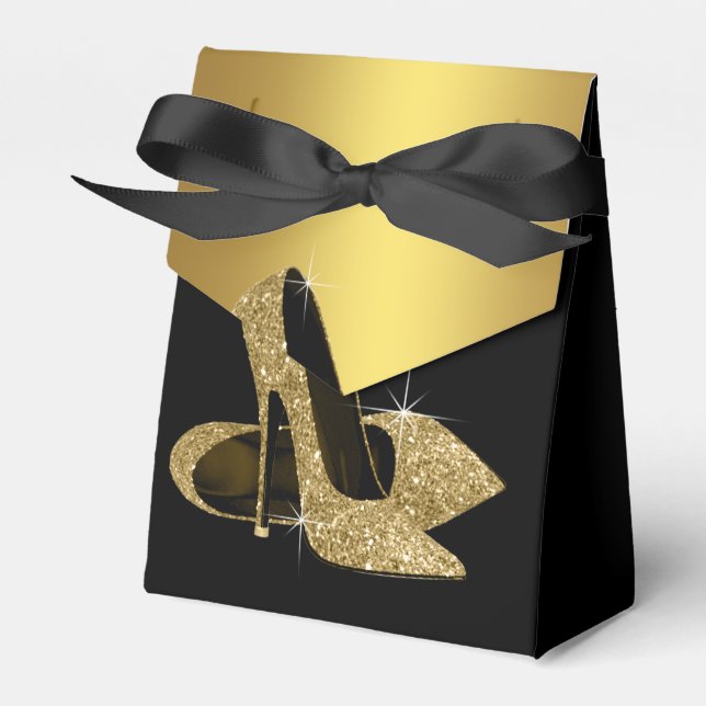 Eleganter Schwarz-Gold Glitzer High Heel Shoe Geschenkschachtel (Vorderseite)