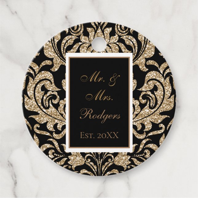 Eleganter Schwarz-Gold-Imitat-Glitzer Hochzeit Geschenkanhänger (Vorderseite)