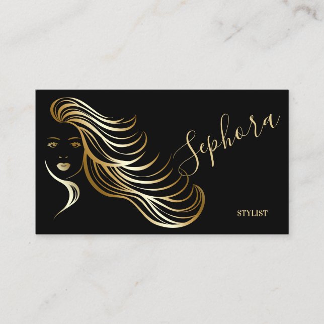 Eleganter Schwarz-Gold-Metallic-Foil-Stylist Visitenkarte (Vorderseite)