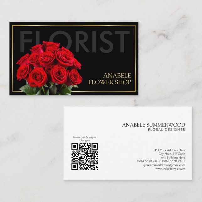 Eleganter Schwarz-Gold-Rahmen Florist mit Rote Ros Visitenkarte (Vorne/Hinten)