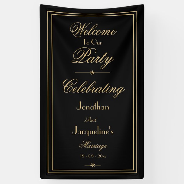 Eleganter Schwarz & Gold Script Chic Hochzeit Will Banner (Vertikal)