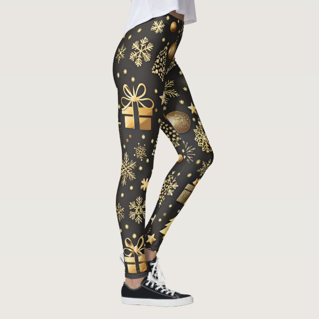 Eleganter Schwarz-Gold Weihnachten Strumpf Urlaub Leggings (Rechts)