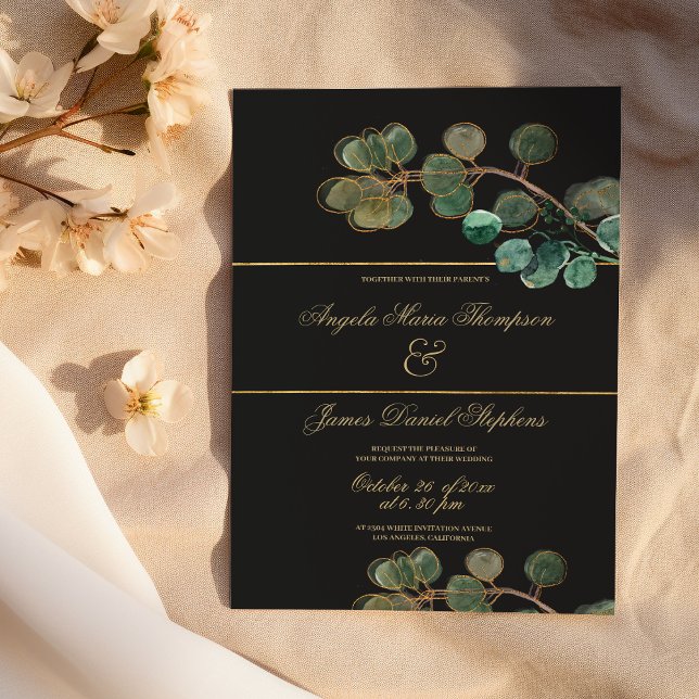 Eleganter schwarz-goldgrüner Eukalyptus-Blätter Ho Einladung (Elegant black gold green eucalyptus leaves wedding)