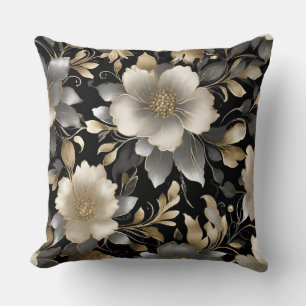 Eleganter Schwarz-Grau-Gold-Creme-Dunkler Blumenpr Kissen