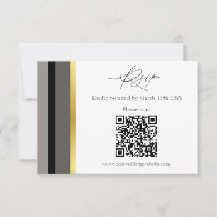 Eleganter Schwarz Grau Gold Streifen QR-Code Hochz RSVP Karte