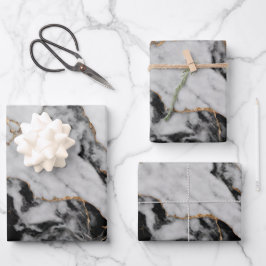 Eleganter Schwarz-Grau-Marmor Geschenkpapier Set