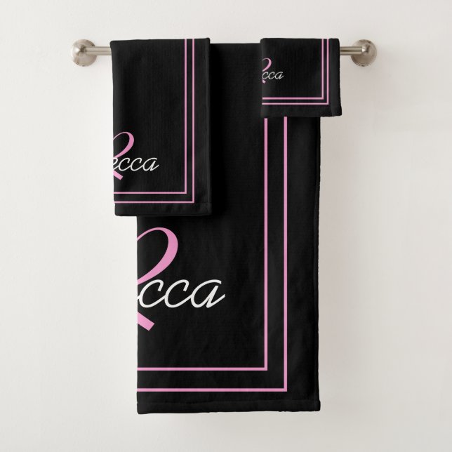 Eleganter Schwarz-Rosa Monogramm Anfangsname Strip Badhandtuch Set (Insitu)