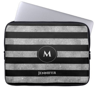 Eleganter Schwarz-Silber-Glitzer Streifen Monogram Laptopschutzhülle