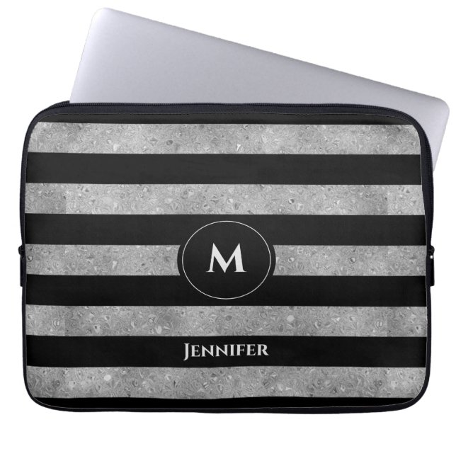 Eleganter Schwarz-Silber-Glitzer Streifen Monogram Laptopschutzhülle (Vorderseite)