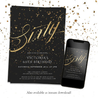 Eleganter Schwarz und Gold 60. Geburtstag Einladung
