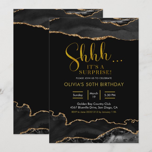 Eleganter Schwarz und Gold Agate Überraschung Gebu Einladung (Vorne/Hinten)