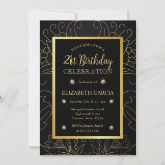 Eleganter Schwarz und Gold Botanischer 21. Geburts Einladung