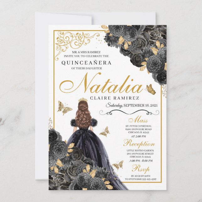 Eleganter Schwarz und Gold Floral Quinceanera Gebu Einladung (Vorderseite)