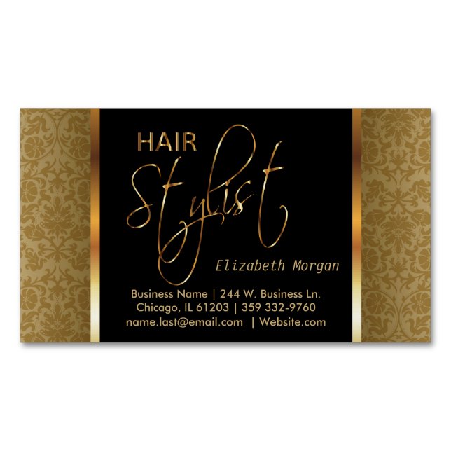 Eleganter Schwarz-und Golddamast-Haar-Stylist Magnetische Visitenkarte (Vorderseite)