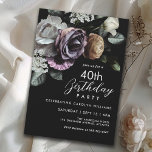 Eleganter Schwarz und Lila Blüte 40. Geburtstag Einladung<br><div class="desc">Feiern Sie stilvoll mit dieser eleganten 40. Geburtstagsfeier mit luxuriösen Dämmerfloralen in gemischten Farben. Diese Einladung, die zum Fangen gedacht ist, präsentiert eine luxuriöse Anordnung reich gefärbter Blumen - Rose, Ranunculus, Dahlien, Schnappdragons, Mama und Pfannkuchen - in einer atemberaubenden Palette von tiefen Purples, weichen Lilacs, cremigen Weißen und glänzenden Goldakzenten....</div>