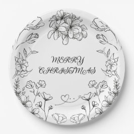 Eleganter Schwarz-Weiß-Blumen-Weihnachtsteller Pappteller