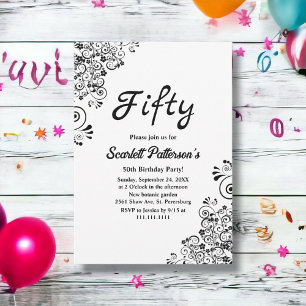 Eleganter Schwarz-Weiß Boho Blüte 50. Geburtstag Einladung