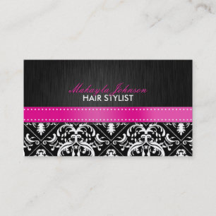 Eleganter Schwarz-Weiß-Damast mit Hot Pink Ribbon Terminkarte