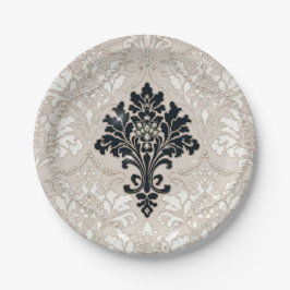 Eleganter Schwarz Weiß Damast Perlen Papier Teller