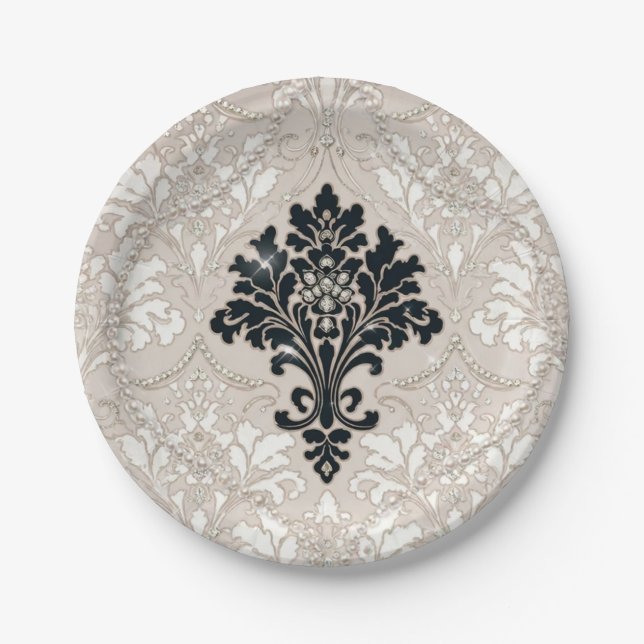 Eleganter Schwarz Weiß Damast Perlen Papier Teller (Vorderseite)
