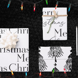 Eleganter Schwarz-Weiß-Frohe-Weihnachten-Baum-Zita Geschenkpapier Set