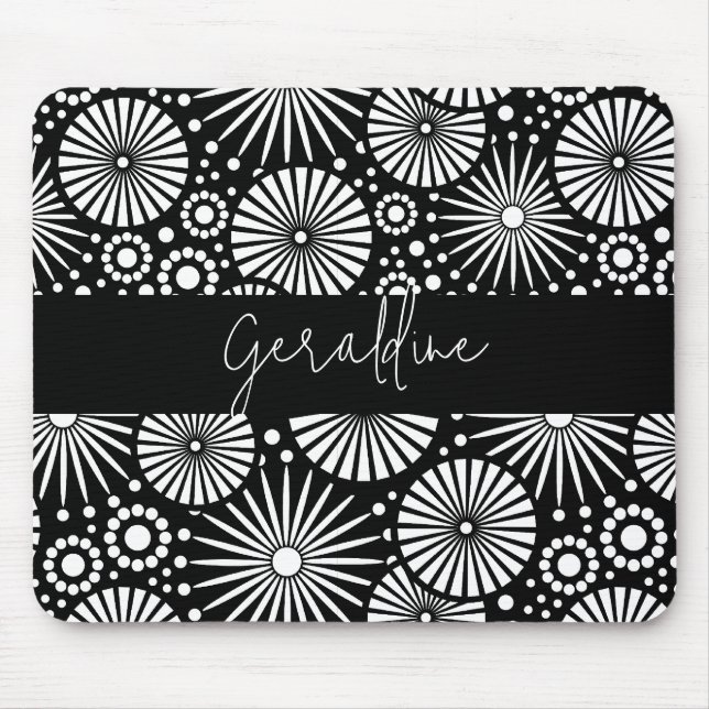 Eleganter Schwarz-Weiß-Geometrischer Sternenexplos Mousepad (Vorne)