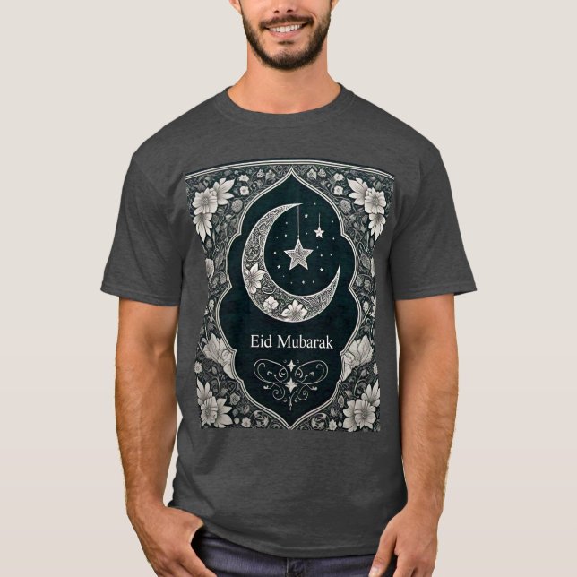 Eleganter Schwarz-Weiß-Halbmond Mubarak Blumenstra T-Shirt (Vorderseite)