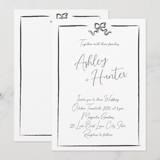 Eleganter Schwarz-Weiß-Handgezeichneter Bow Einladung (Vorne/Hinten)