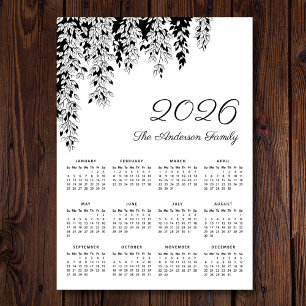 Eleganter Schwarz-Weiß-Hängebirke-Kalender 2026 Magnetkarte