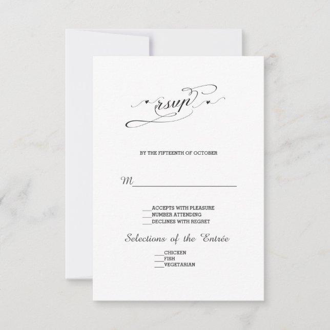 Eleganter Schwarz-Weiß-Kalligrafie-Hochzeitstag RS RSVP Karte (Vorderseite)