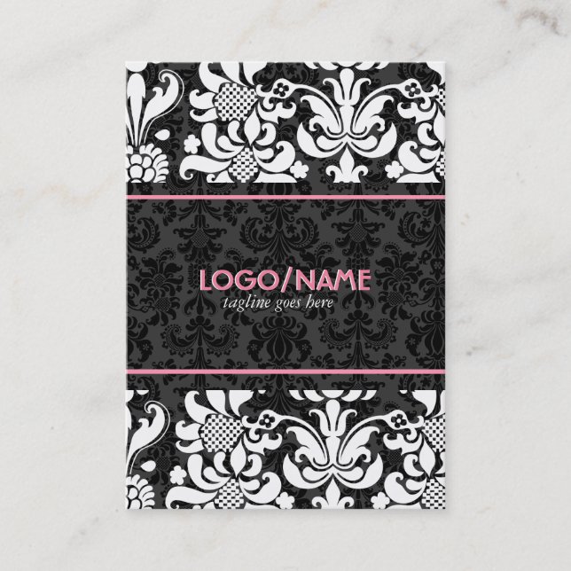 Eleganter Schwarz-Weiß-Look Vintage BlumenDamasken Visitenkarte (Vorderseite)
