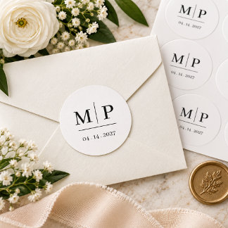 Eleganter Schwarz-Weiß-Monogramm-Hochzeitsaufklebe Runder Aufkleber