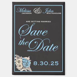 Eleganter Schwarz-Weiß-Save the Date-Blau-Akzent Magnet