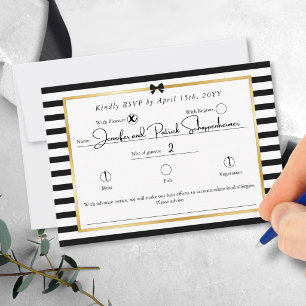 Eleganter Schwarz Weiß Streifen Gold Rahmen Hochze RSVP Karte